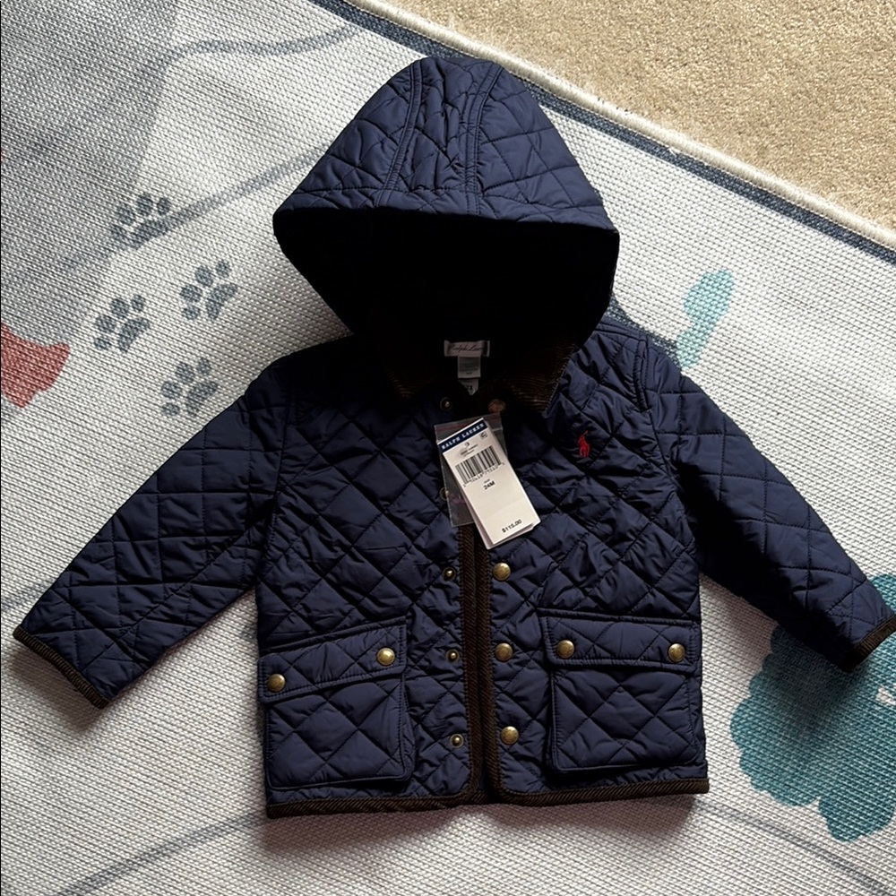 Ralph Lauren Navy Quilted Hooded Jacket with Red Logo